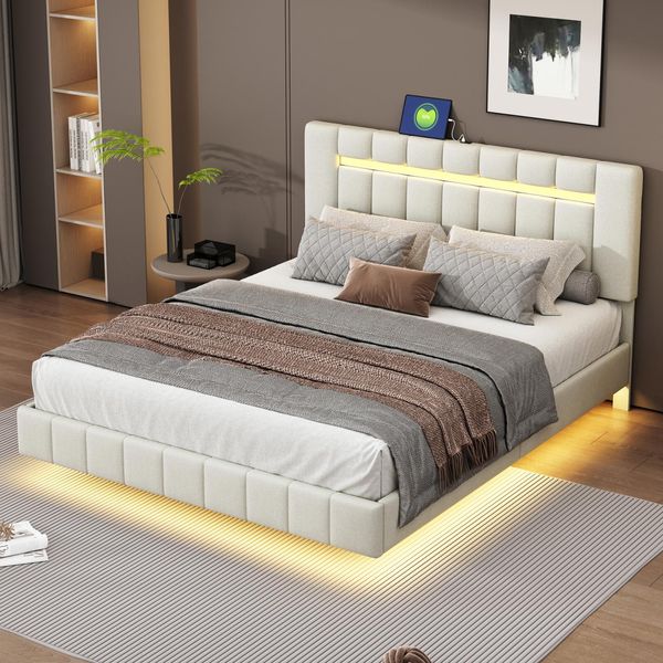 Cdglobal Letto Imbottito 160X200Cm Con Illuminazione A Led E Presa Usb, Letto Matrimoniale Con Giroletto E Testata Regolabile In Altezza, Letto In Legno Biancheria Da Letto Funzionale Per Giovani, Beige-image