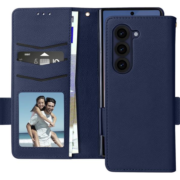 Avizar, Custodia In Ecopelle Per Samsung Galaxy Z Fold6 Con Cinturino Da Polso, Blu Scuro-image