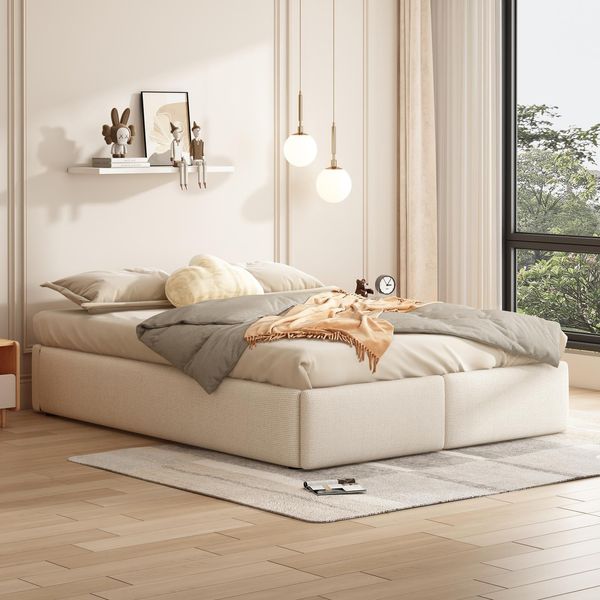 Letto Imbottito Proximax 140X200Cm - Con Contenitore Idraulico E 2 Cassetti - Letto Matrimoniale Idraulico Letto Contenitore In Lino Letto In Legno Senza Testata - Beige-image