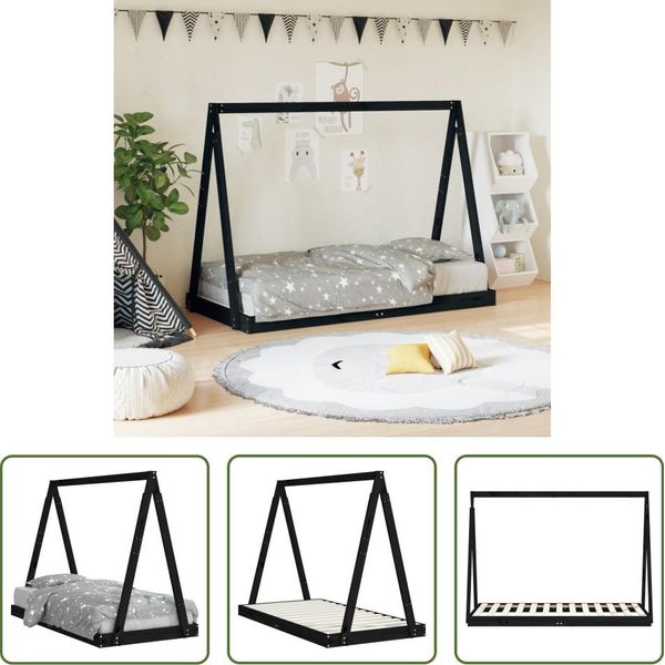 The Living Store Letto Per Bambini Nero 80X160 Cm In Legno Di Pino Massiccio-image