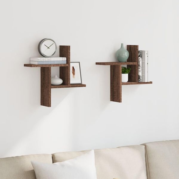Vidaxl Mensole Da Parete 2 Pz. Aspetto Rovere 38X12X38 Cm Materiale A Base Di Legno-image