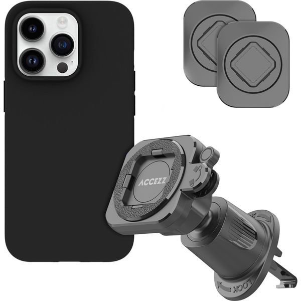 Supporto Per Cellulare Da Auto Accezz Easylock - Custodia Inclusa Per Iphone 14 Pro - Griglia Di Ventilazione - Ruotabile Di 360 Gradi - Nero-image