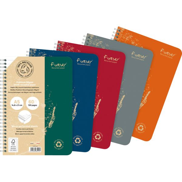Forever 5X Quaderno A Spirale A5 100% Riciclato, 60 Fogli Foderati, 90G - Assortito 68416C-image