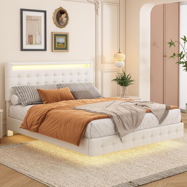 Letto Imbottito Flieks 140X200Cm Con Led, Letto Giovanile Letto Matrimoniale Con Testata Regolabile In Altezza, Letto Classico Letto In Legno Con Rete A Doghe, Pu, Beige-image