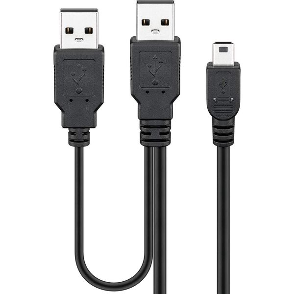 Goobay 93587 Cavo Di Alimentazione Doppio Usb 2.0 Hi-Speed, Nero, 0,6 M - Connettore Usb 2.0 Maschio (Tipo A) + Connettore Usb 2.0 Maschio (Tipo A) > Connettore Usb 2.0 Mini (Tipo B, 5 Pin)-image