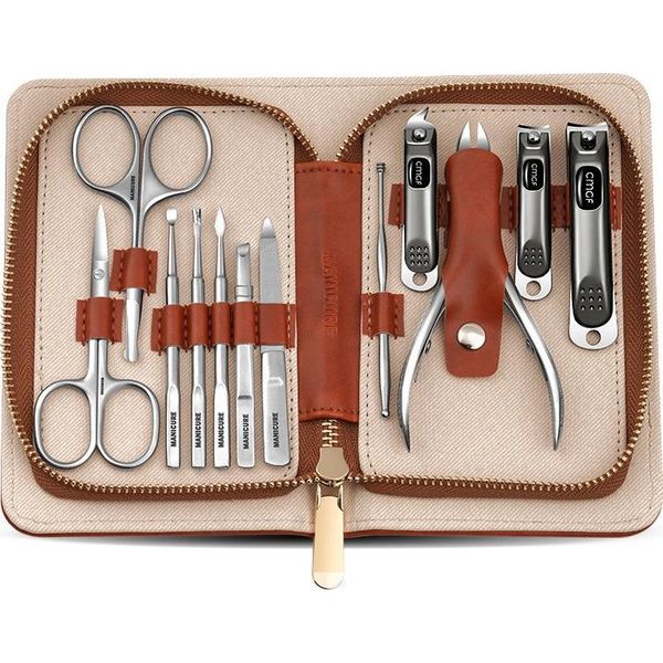 Inf Set Tagliaunghie 12 Pezzi Acciaio Inox E Plastica Per Manicure E Pedicure Marrone-image