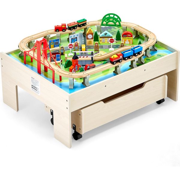 Tavolo Attività In Legno Vevor, 100 Pezzi, Tavolo Ferroviario Con Cassetto Rotante, Set Ferroviario In Legno 3 In 1 Per Giocare, Dipingere, Leggere, Mangiare, Set Di Giocattoli Creativi Per Bambini A Partire Dai 3 Anni Di Età-image