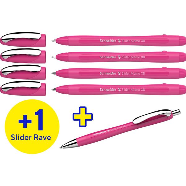 Schneider 50-150265 Aktion: Schneider Kugelschreiber Slider Memo Pink, Schreibfarbe: Blau, 4 St. + Gratis Schneider Kugelschreiber Slider Rave Xb Pink-image