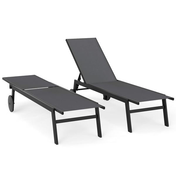 Costway Lettino Da Giardino A 2 Posti Con Rotelle, Schienale Regolabile E Tessuto Ad Asciugatura Rapida, Lettino Avvolgibile, Portata Fino A 150 Kg Grigio-image