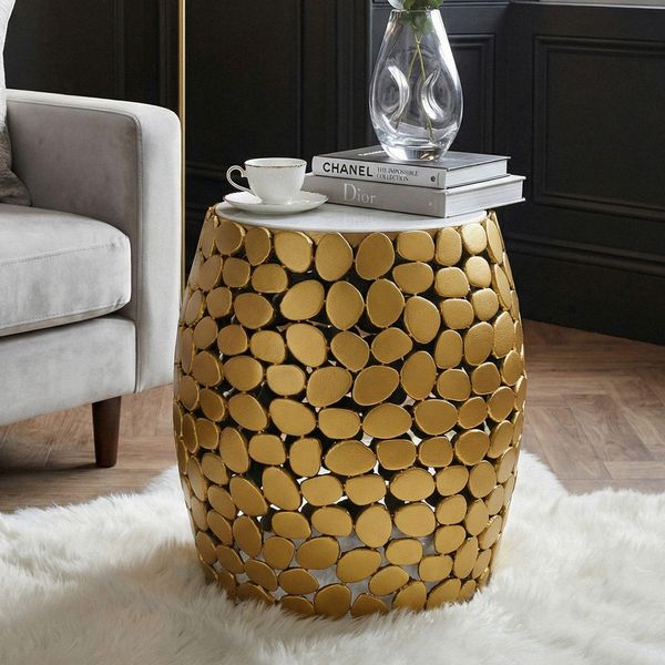 Wohnling Tavolino Di Design Rotondo 40 Cm In Alluminio Dorato E Piano In Marmo Bianco – Tavolino Da Salotto In Alluminio – Tavolino Da Salotto In Metallo Tavolino Decorativo Fatto A Mano-image