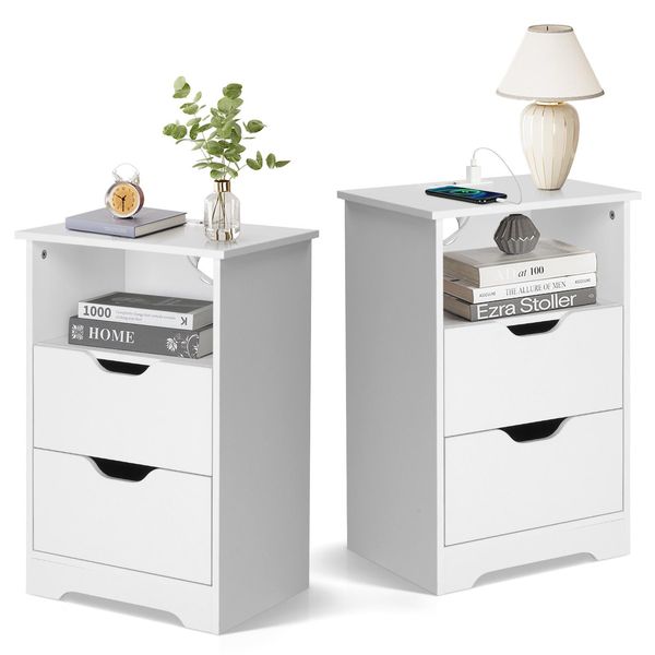 Fch Set Di 2 Comodini, Comodini Con Stazione Di Ricarica Con Vano Aperto, 2 Cassetti, 40 X 30 X 60 Cm, Bianco-image