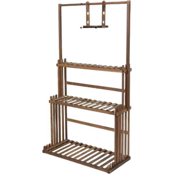 Portavasi In Legno Bolt Edge – 3 Ripiani – Scaffale Per Fiori E Bonsai – Per Interni Ed Esterni – Barra Appendiabiti – Marrone-image