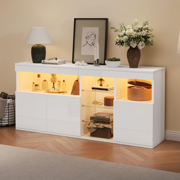 Credenza Bianca Lucida 155 Cm Con Illuminazione Led Controllata Tramite App, Cassettiera Senza Maniglie Con 3 Ante E Ripiani In Vetro, Credenza Moderna Per Soggiorno-image