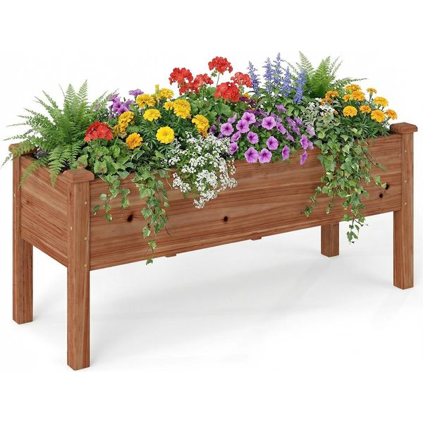 Costway Aiuola Rialzata In Legno, Aiuola Per Bambini, 120X43,5X51 Cm, Vasca Resistente Fino A 100 Kg, Vaso Da Fiori Con Fori Di Drenaggio, Aiuola Per Erbe Aromatiche, Marrone-image