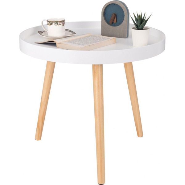 Happyment Tavolino Moderno – Rotondo – Bianco – Mdf E Legno Massello – 50×44 Cm – Tavolino Da Salotto / Tavolino Da Caffè-image