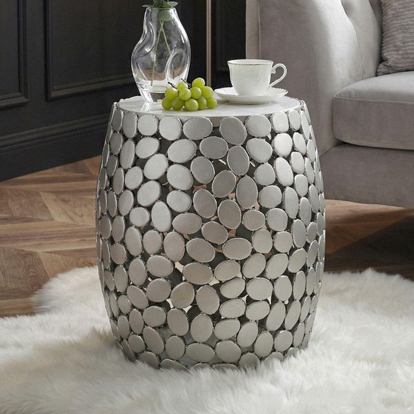 Wohnling Tavolino Rotondo Da 40 Cm In Alluminio Argento E Piano In Marmo Bianco – Tavolino Da Salotto In Alluminio – Tavolino Da Salotto In Metallo Tavolino Decorativo Fatto A Mano-image