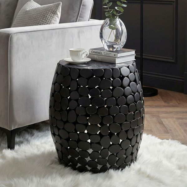 Finebuy Tavolino Rotondo 40 Cm In Alluminio Nero E Piano In Marmo – Tavolino Da Salotto In Alluminio – Tavolino Da Salotto In Metallo – Tavolino Decorativo Fatto A Mano-image