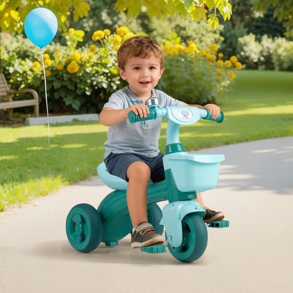 Costway Triciclo Per Bambini, Triciclo Per Bambini Con Campanello, Pedali, Cestini Anteriori E Posteriori, Triciclo Con Sterzo Per Bambini Dai 2 Anni In Su (Verde)-image
