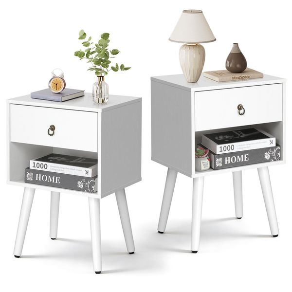 Fch Set Di 2 Comodini, Tavolino Con Ripiano Aperto, Cassetti, 38 X 30 X 55 Cm, Bianco-image