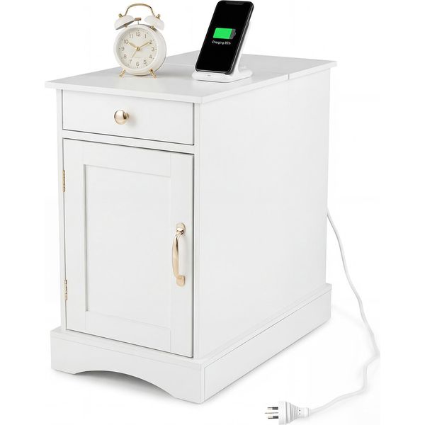 Costway Tavolino Con Stazione Di Ricarica, Comodino Con Ripiano Regolabile, Armadio, Cassetto E Vassoio, Comodino In Legno, Tavolino Da Salotto, Bianco-image