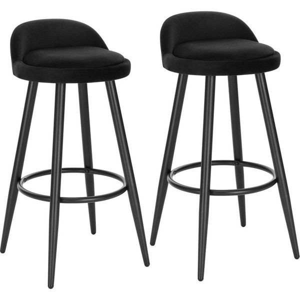 Sgabello Da Bar In Velluto Nero – Sgabello Da Bar Ergonomico Con Schienale – Altezza Seduta 69–70 Cm – Struttura In Metallo – Portata Massima 130 Kg – Set Da 2 Pezzi-image