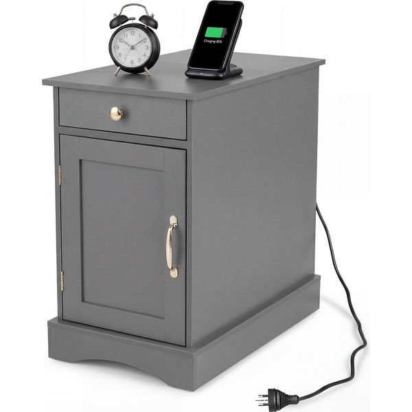 Costway Tavolino Con Stazione Di Ricarica, Comodino Con Ripiano Regolabile, Armadio, Cassetto E Vassoio, Comodino In Legno, Tavolino Da Salotto, Grigio-image