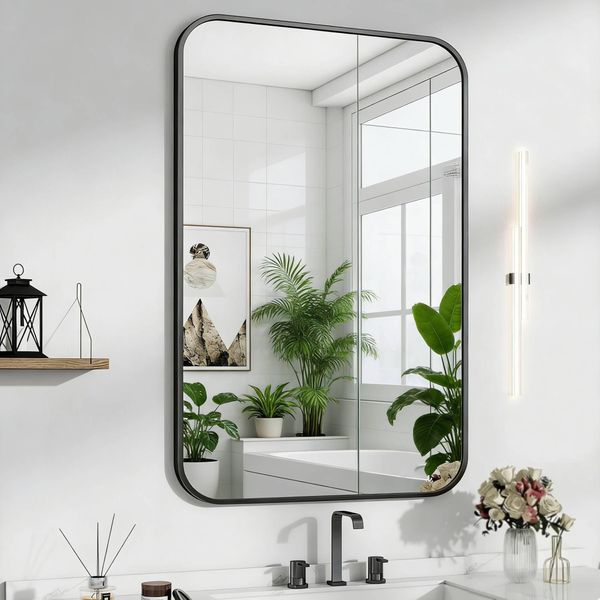Specchio Da Bagno 30'' X 40'' Con Cornice In Alluminio Per Montaggio A Parete, Grande Specchio Rettangolare Arrotondato, Può Essere Appeso In Orizzontale O In Verticale, Nero, 100 Cm, 75 Cm-image