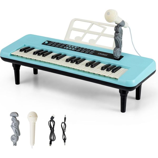 Costway Tastiera Per Bambini A 37 Tasti, Pianoforte Elettronico Per Bambini Con Microfono, Leggio E Gambe Rimovibili, Strumento Musicale Portatile, Per Bambini Dai 3 Anni In Su, Blu-image
