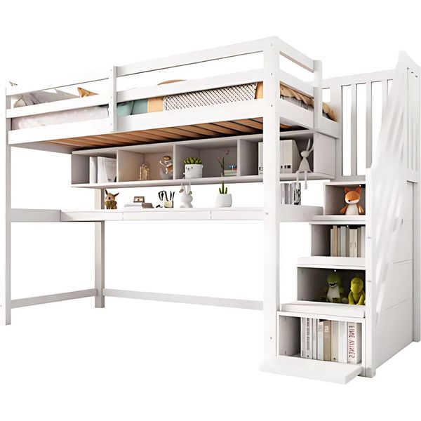 Letto A Soppalco Per Bambini 90X200 Cm – Letto A Soppalco Con Scrivania Integrata E Spazio Contenitore – Con Scaletta Angolare, Protezione Anticaduta E Finestra – Letto Per Bambini – Bianco-image