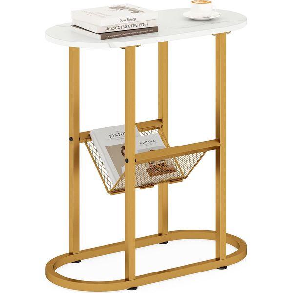 Costway Tavolino Stretto, Comodino Ovale A 2 Ripiani Con Porta Riviste, Tavolino Da Salotto Con Robusta Struttura In Metallo, Tavolino Da Fine, Bianco + Oro-image