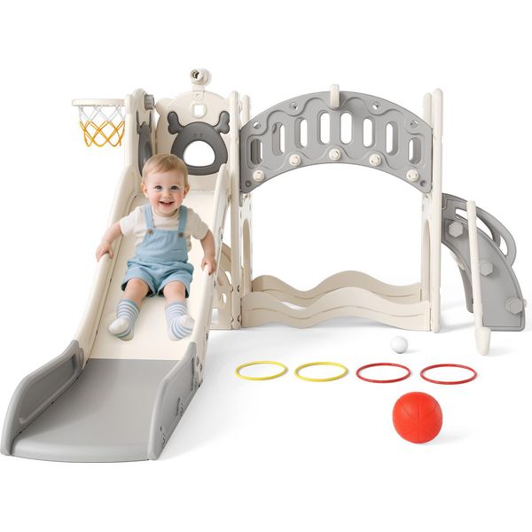 Scivolo Per Bambini E Struttura Per Arrampicata - Set Da Gioco 9 In 1 - Per Interni/Esterni - Con Canestro Da Basket E Pallone - Plastica Resistente - Bianco-image