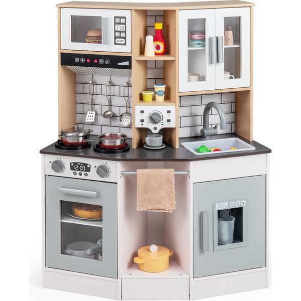 Costway Cucina Per Bambini, Cucina Giocattolo In Legno Con 10 Accessori, Luci, Suoni, Fornello, Lavello, Macchina Per Il Ghiaccio, Macchina Per Il Caffè, Microonde E Forno, Per Bambini Dai 3 Anni In Su, Grigio-image