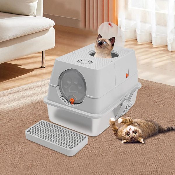 Lettiera Per Gatti - Lettiera Chiusa - Capacità 28 L - Acciaio Inossidabile - Con Paletta - Con Coperchio - Grigio Chiaro-image