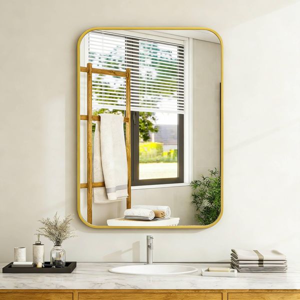 Specchio Da Bagno 20'' X 28'' Con Cornice In Alluminio Per Montaggio A Parete, Grande Specchio Rettangolare Arrotondato, Appendibile In Orizzontale O In Verticale, Oro, 71 Cm, 51 Cm-image