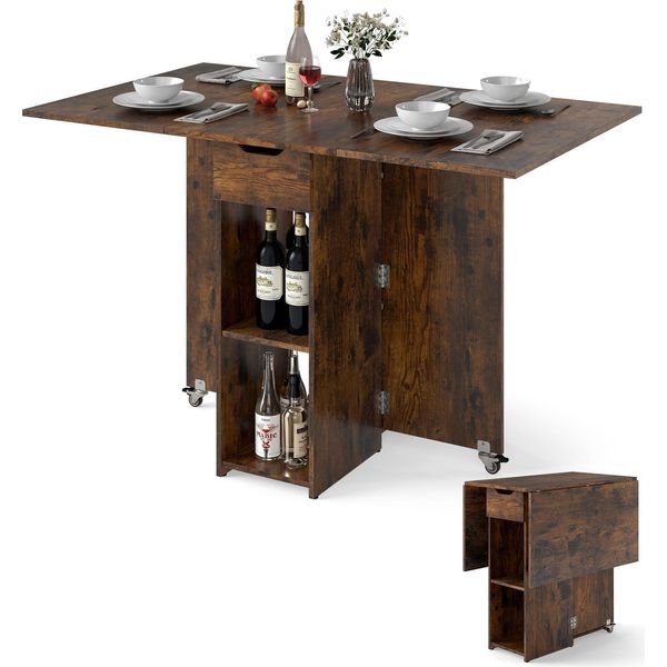 Costway Tavolo Da Pranzo Pieghevole, Tavolo Da Cucina Con Rotelle, Cassetto E 2 Ripiani, Tavolo Pieghevole Per 2-4 Persone, Tavolo Da Pranzo 120X72X75 Cm Marrone-image