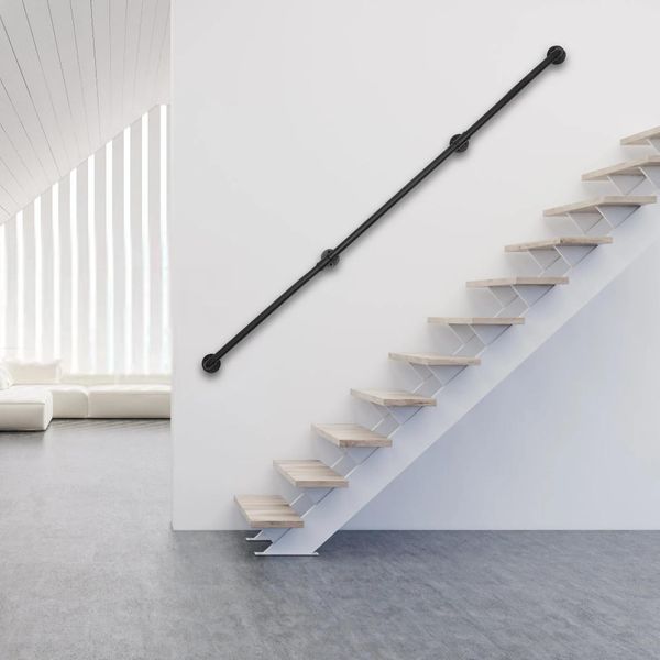 Corrimano Per Scale - Corrimano Tubolare Montato A Parete - Lunghezza 3,66 M - Ghisa - Robusto - Nero-image