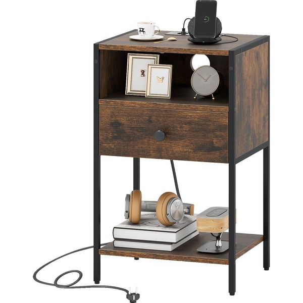 Costway Comodino, Tavolino Con Stazione Di Ricarica, Ripiano Aperto, Cassetto, Ripiano E Struttura In Metallo, Comodino Tavolino Da Divano Industriale Marrone Rustico-image