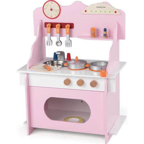 Costway Cucina Per Bambini In Legno, Cucina Giocattolo Con 12 Accessori, Orologio, Fornello, Scaffale Per Spezie, Rubinetto, Lavello E Forno, Cucina Giocattolo, Set Da Gioco Per Bambini Dai 2 Anni In Su, Rosa-image
