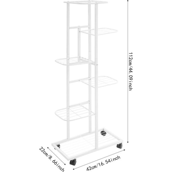 Scaffale Per Piante E Fiori - Con Rotelle - 6 Ripiani - 4 Rotelle Con Freno - Ferro - 42×22×112 Cm - 2,5–5 Kg Per Ripiano - Bianco-image