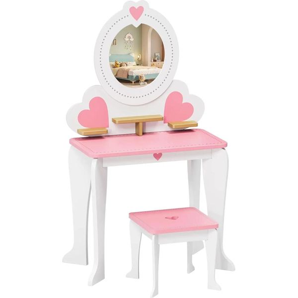 Tavolo Da Trucco Per Bambini - Toeletta Con Sgabello - Specchio Rimovibile - Tavolo Da Trucco E Scrivania 2 In 1 - Legno - Piano Del Tavolo Rosa - 50×33×91 Cm-image