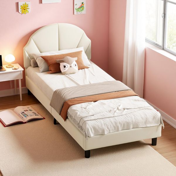 Unboxg Letto Per Bambini 90X200 Cm Beige In Velluto Con Testiera Regolabile In Altezza – Letto Singolo Imbottito Per Bambini E Ragazzi, Letto Imbottito-image