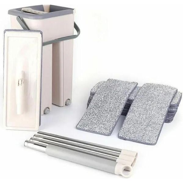 Set Per Pulire I Pavimenti - Con Secchio - 10 Panni In Microfibra - Manico In Acciaio - Testina In Poliestere - Portatile - Multicolore-image