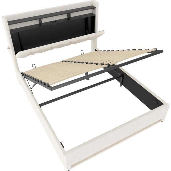 Letto Imbottito In Velluto - Struttura Letto 160×200 Cm - Testiera Ribaltabile Con Illuminazione A Led - Vano Contenitore Sotto Il Letto - Porte Usb - Bianco-image