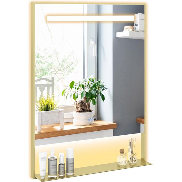 Specchio Da Bagno Costway Con Illuminazione, Specchio Da Bagno Rettangolare Con Ripiano E Funzione Antiappannamento, Specchio Da Bagno, 3 Colori Della Luce, Oro, 80X60 Cm-image