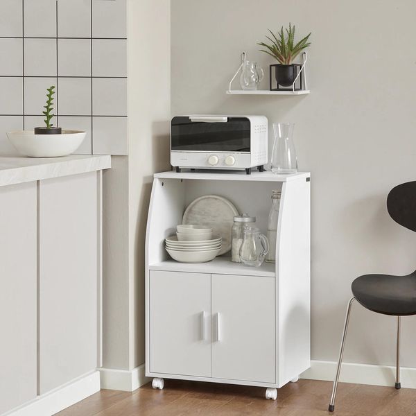 Carrello Da Cucina E Armadio Per Microonde - FRG241-W - 2 Ripiani - 2 Ante - Con Rotelle - Da Montare - Bianco-image