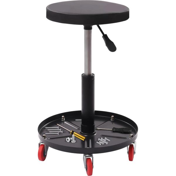 Sgabello Con Rotelle Per Meccanici - Sedia Da Officina Regolabile In Altezza - Pneumatica 44-56 Cm, Girevole A 360°, Ripiano Porta Attrezzi Ø38 Cm, Seduta Ø30 Cm, Portata 136 Kg - Nero-image