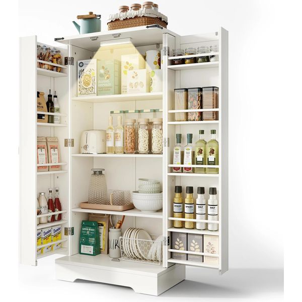 Mobile Da Cucina - Credenza - Luce Led Con Sensore - Ripiani Regolabili In Altezza - Doppie Ante Con Spazio Contenitivo - 60×35×128 Cm - Richiede Assemblaggio - Bianco-image