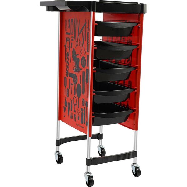 Carrello Da Parrucchiere - Carrello Da Salone - 6 Ripiani - 5 Cassetti Estraibili - 4 Rotelle - Portata 80 Kg - Pp E Acciaio Inossidabile - 36×90 Cm - Rosso-image