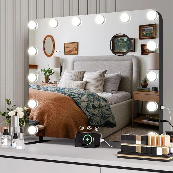 Specchio Cosmetico - Specchio Da Tavolo - 14 Lampadine Led Dimmerabili - Porta Usb - Rettangolare - Cornice Nera - 20 Cm-image
