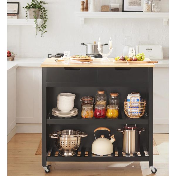 Isola Cucina E Carrello Da Cucina - FKW74-SCH - 2 Cassetti E Ripiani - 98×94×58 Cm - Nero-image